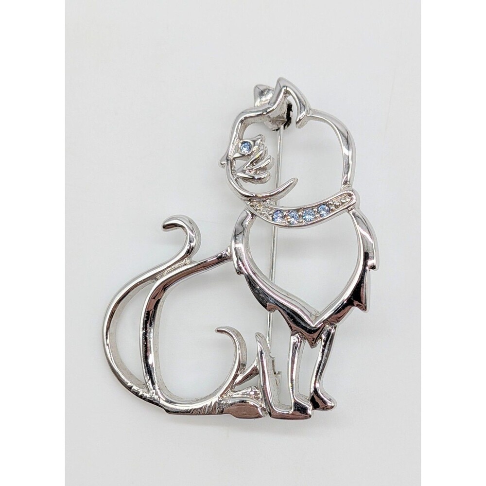 Silver Tone Rhinestone Open Cat Brooch Pin Long Haired Persian